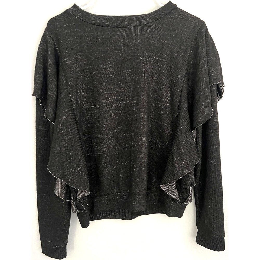 Gimmicks Sweater Women L Black Charcoal Tier Ruffle Sleeve Raw Edge Pullover NWT